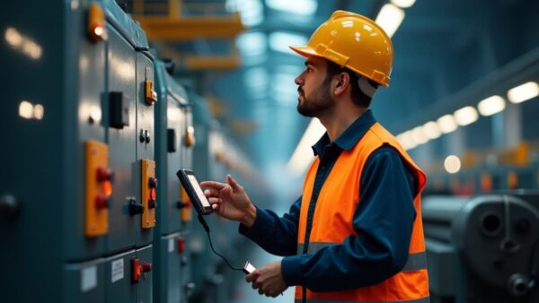 Eletricista industrial realizando testes em painel de comando com uso de equipamentos de segurança em ambiente fabril.
